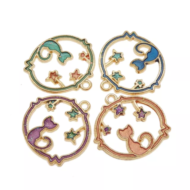 8x Mehrfarbig Emaille Legierung Runde Geformt Mond Katze Charms Anhänger Schmuck