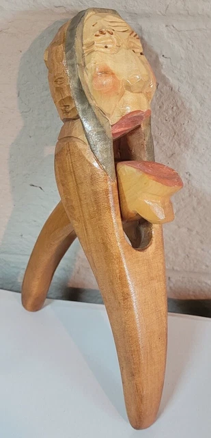 9.75" Large Vintage ANRI Italy Hand Carved Wooden Woman W Hair Bun Nut Cracker