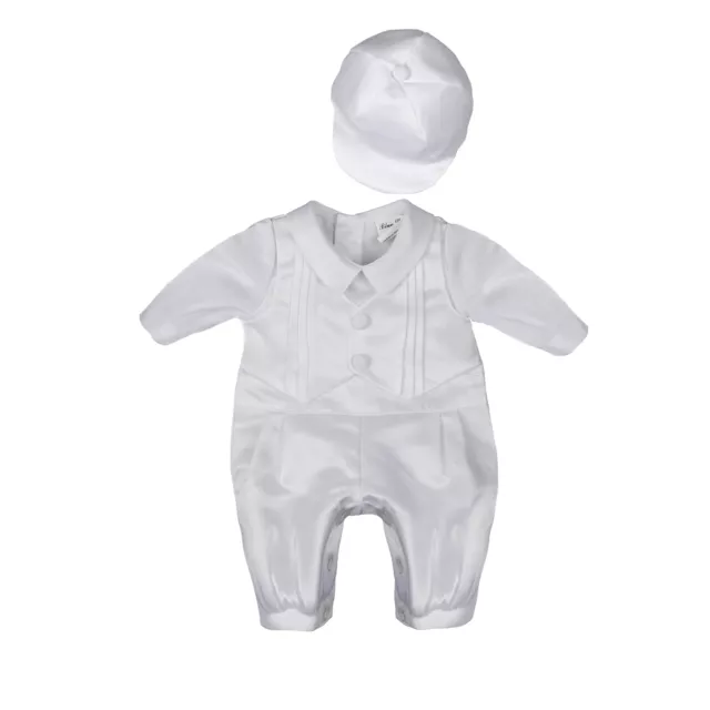 NEW Baby Boys Newborn White Satin Christening Baptism Romper Suit SET With Hat
