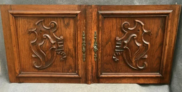Antique pair of Henri II furniture doors early 1900's black forest woodwork key
