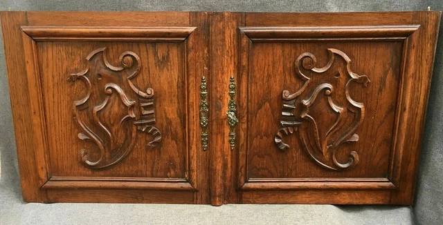 Antique pair of Henri II furniture doors early 1900's black forest woodwork key