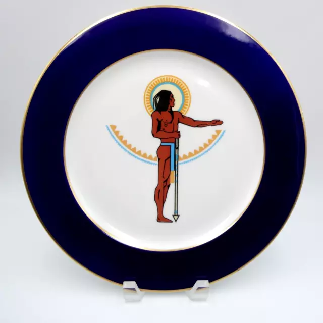 Homer Laughlin Native American Sun Dial Chop Plate 12in Cobalt Blue Gold Rim