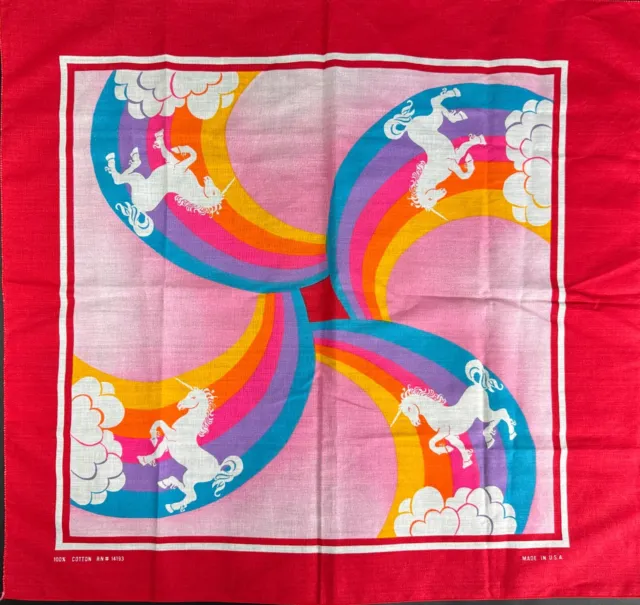Unicorn Rainbow Bandana Pink & Red 100% Cotton Made in USA Handkerchief Vintage