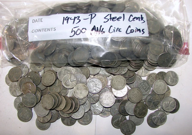 1943-P  Lincoln Wheat Cent Steel Pennies Lot Of 500 Average Circulated Coins