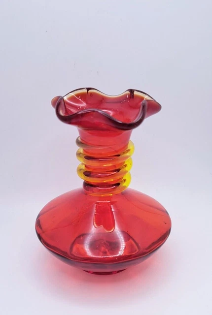 Vintage MCM Tangerine Amberina Red Yellow Glass Mini Bud  Hand Blown Art Vase