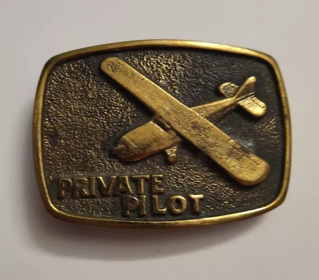 Vintage 1978 Solid Brass Belt Buckle Private Pilot Airplane Aviation Flying USA