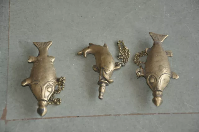 3 Pc Vintage Brass Unique Fish Shape Engraved Handcrafted Gun Powder Bottles