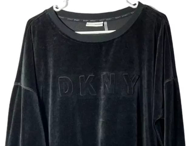 DKNY Sport Womens long sleeve pullover black velour sweatshirt, size Extra Large 2