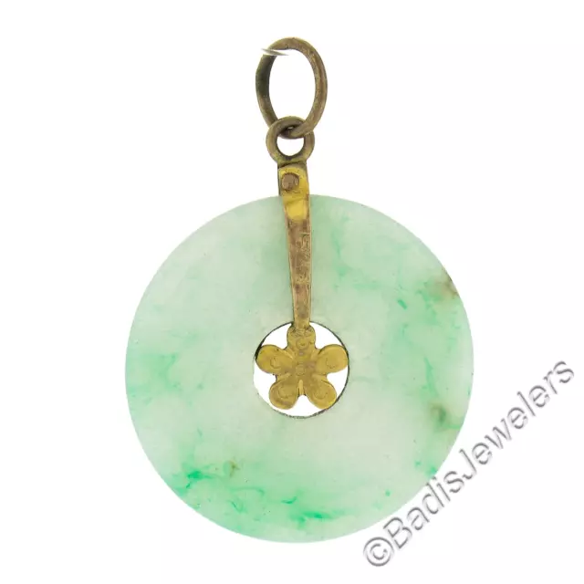 Antik 9K Gold Rund Licht Grüner Jade W / Blumen Mitte Medaillon Scheiben