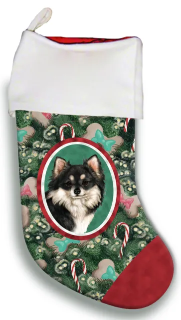 Christmas Stocking - Black and White Longhaired Chihuahua 11358