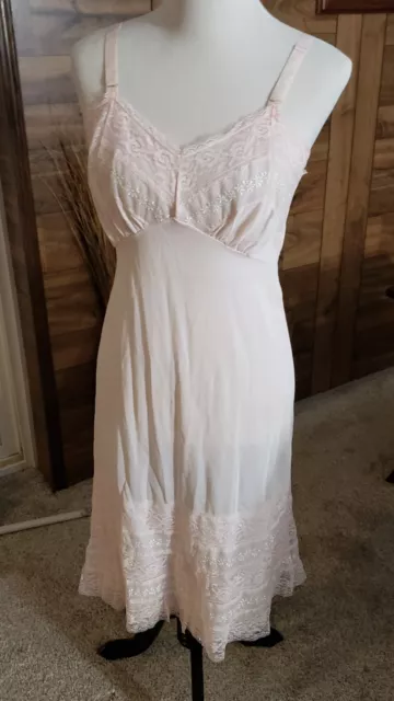 Vintage  Pink Nylon Full Slip Lace Trim Lined Pin Up 38 Estate Find