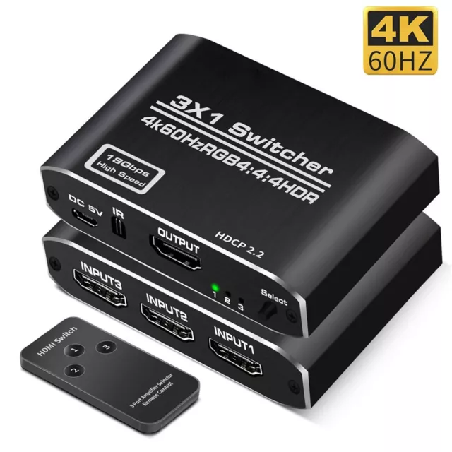 3-Port HDMI Switch 3x1 Switcher Selector Splitter 4K 1080P HDMI 2.0 + Remote