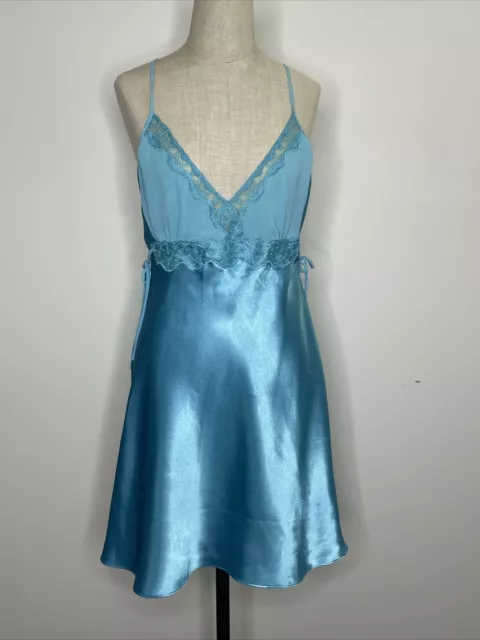 Delicates Lingerie Slip Dress Night Gown Liquid Satin BlueTeal Sz M Vintage 90's