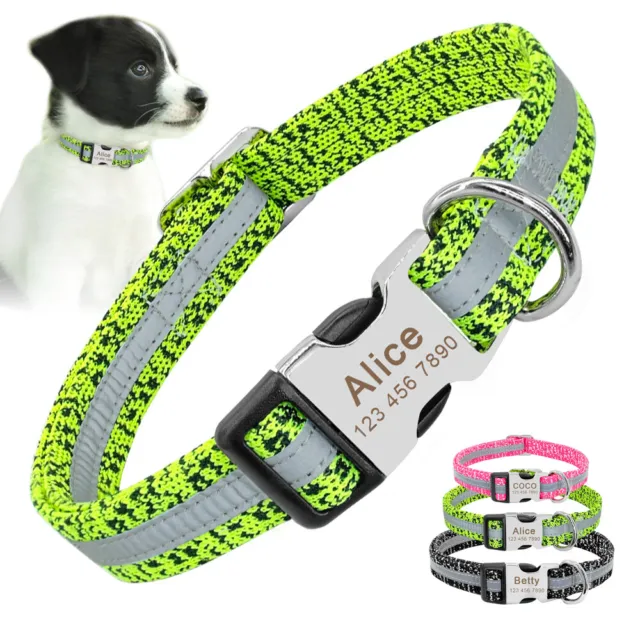 Personalizzato Nylon Collare per cani Riflettente imbottitura Nome Colletto SML