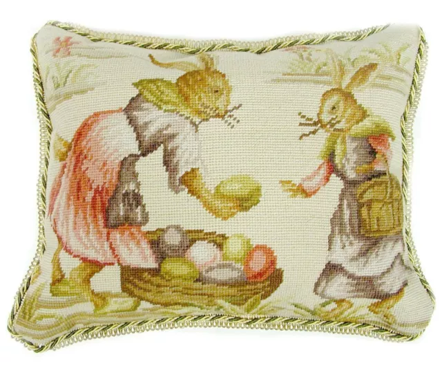 Wool Needlepoint Throw Pillow Cover Easter Bunny Vendor Rabbit Cushion 14x18