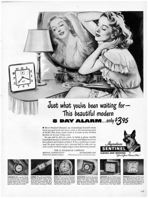 1948 Sentinel 8 Day Alarm Clock Vintage Print Ad German Shepherd Dog Vanity