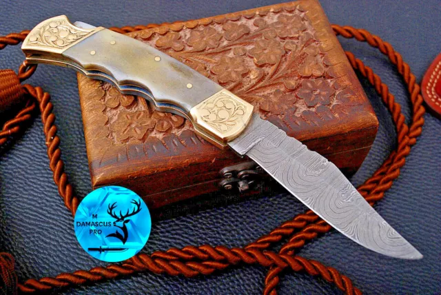 Handmade Forged Damascus Steel Folding Pocket Knife W/ Camel Bone Handle 1528