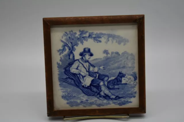 Mintons China Stoke on Trent Framed 6" Blue Transferware Tile Man and Dog