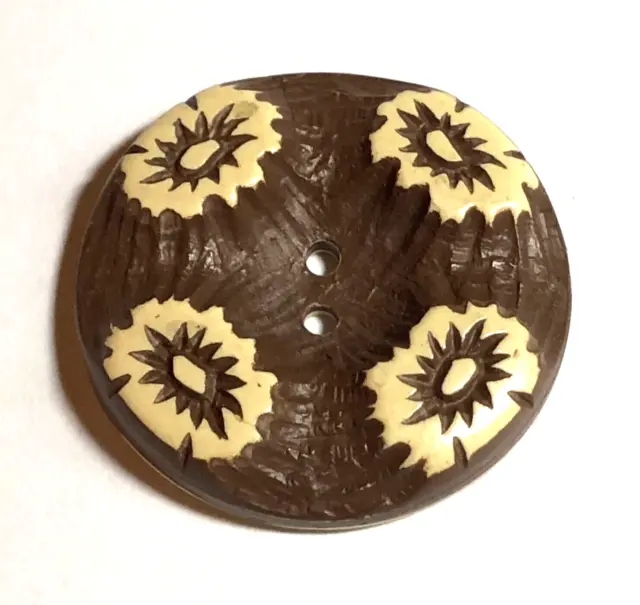 Brown & Cream 4 Flower Pattern on Coated & Buffed Celluloid Button, NBS Med