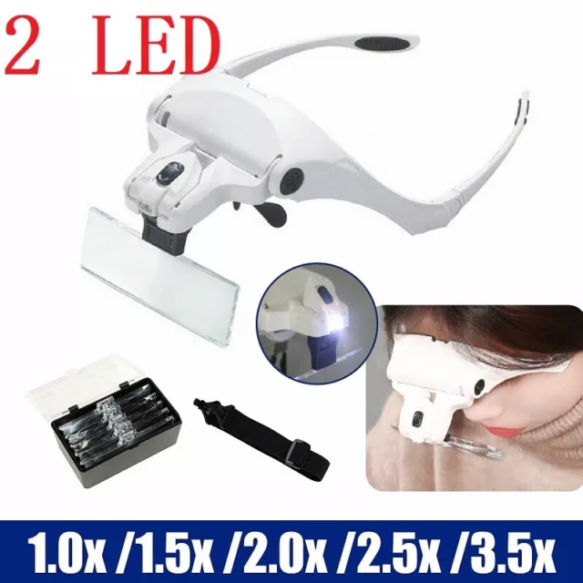 Lightweight Magnifying Glasses Headband Light Adjustable 2 LED Magnifier 5 Lens