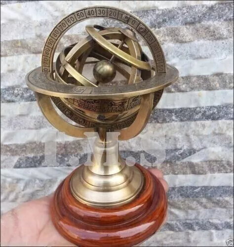 Vintage Brass Astrolabe Working Armillary Engrave Sphere Globe With Wooden Base