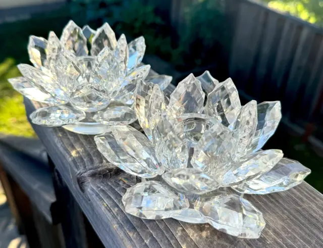 Shannon Crystal Candleholder Cut Glass Ireland Design Lotus Flower W 5” Set Of 2