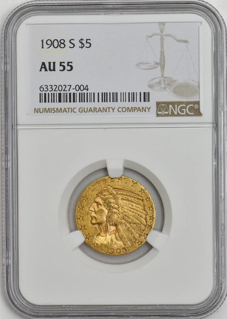 1908-S $5 Gold Indian AU55 NGC 946805-2