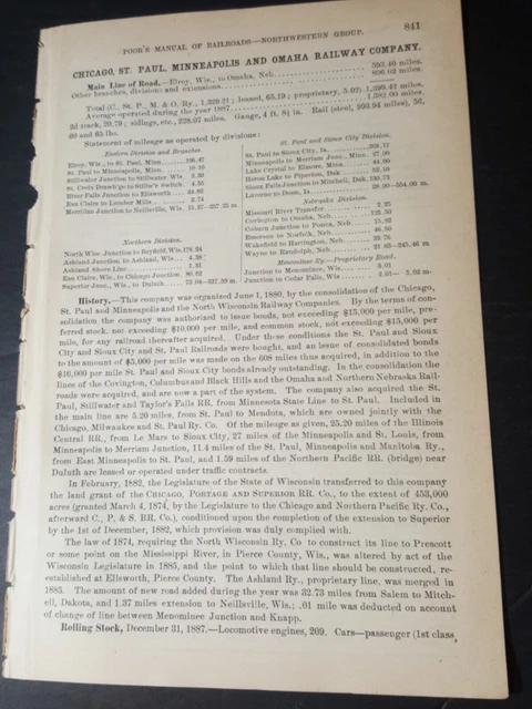 1888 train report CHICAGO ST PAUL MINNEAPOLIS & OMAHA RAILWAY Elroy Wisconsin