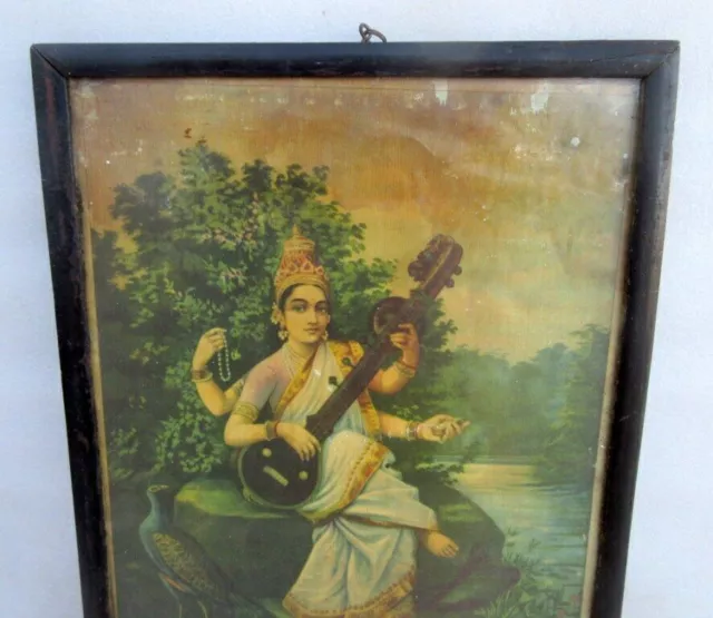 Vintage Old Rare RU & V. Press Diosa hindú Sarswati con Veena Litho Print 3