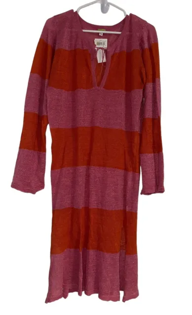 NWT Echo Womens Linen Blend Knit Dress Coverup Sz L Orange Link Semi Sheer