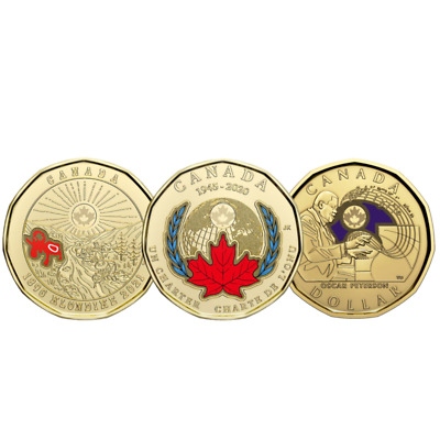 🇨🇦 Canada FULL COLORED 3 Coins SET, Oscar $1 Dollar Loonie, 2020, 2021, 2022