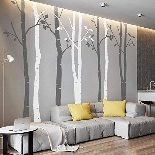 7.8ft Birch Tree Vinyl Wall Decals Nursery Forest Family Tree Grey and White