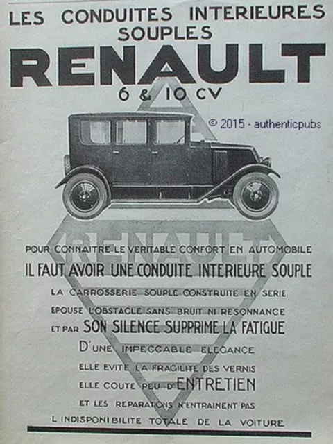 Publicite Automobile Renault 6 & 10 Cv Conduite Interieure De 1926 French Ad Pub