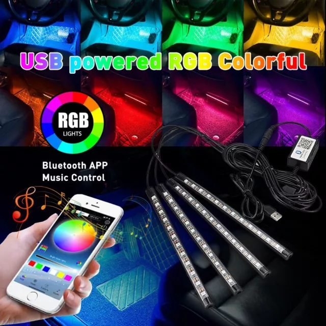 4x 48 LED RGB Car Interior Atmosphere Light Strip Phone Bluetooth APP Control