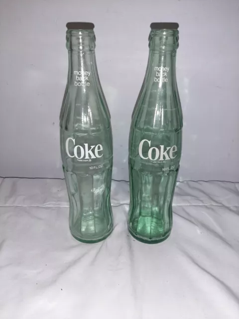 Coca Cola, Coke Bottle, White Lettering 10-oz Lot Of 2 Green Glass Empty