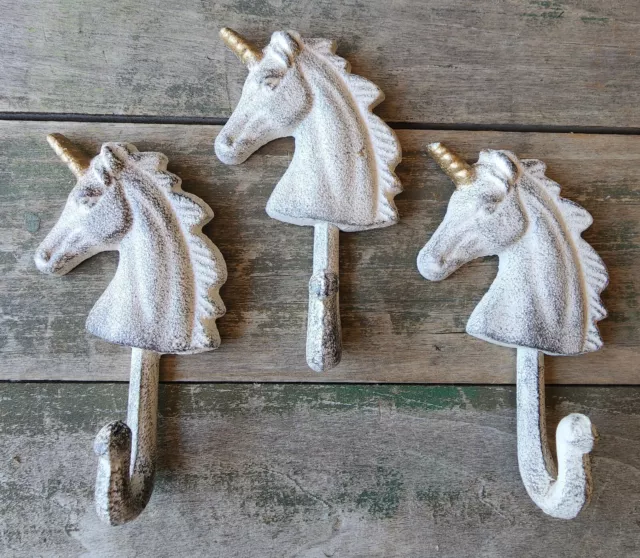 3 Cast Iron UNICORN Towel Hanger Coat Hat Hooks Key Rack Hook Mythological