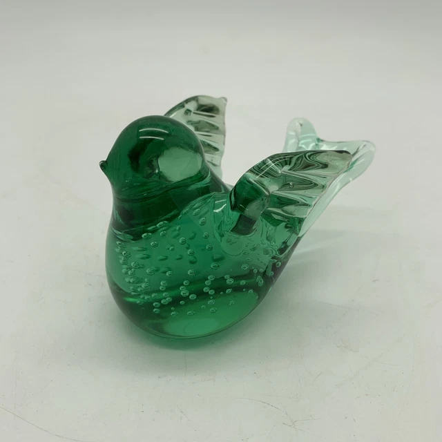 Art Glass Bird Figurine Paperweight With Small Bubbles Blue Glass 4”W 3”T 1984