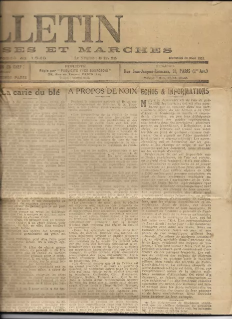 le bulletin des halles bourses et marches  journal du 30 aout 1922 complet 6 p