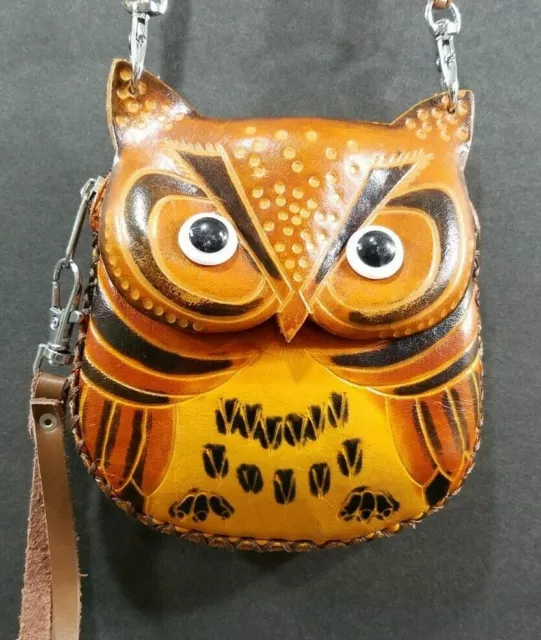 Small OWL Purse Shoulder Purse Pouch Handbag Genuine Leather Hand Tooled Brown