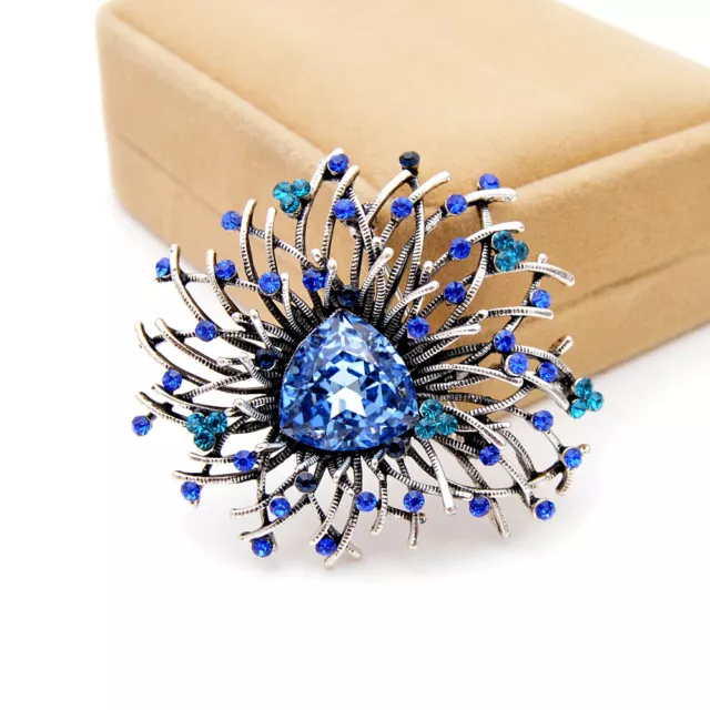 New Antique Silver Plated Vintage Inspired Blue Rhinestone Crystal Brooch