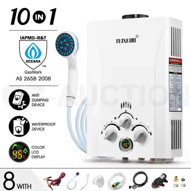 MAXKON Portable Gas Hot Water Heater LPG Instant Shower w/Water Pump - White