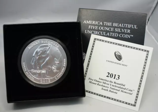 2013 ATB Mount Rushmore National Park 5 Oz Silver Uncirculated Coin Box & COA
