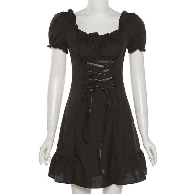 Ragazza Donna Corto Puff Manica Midi Abito Quadrato Colletto a Balze Fascia Goth