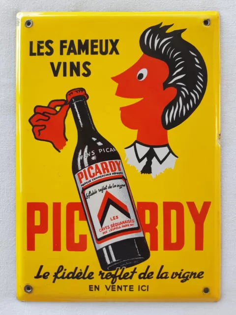 Ancienne plaque émaillée publicitaire Vins PICARDY litre en bouteille - déco bar