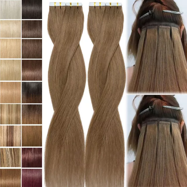 40Stücke Tape In 100% Echthaar Remy Hair Extensions Haarverlängerung Braun Ombre