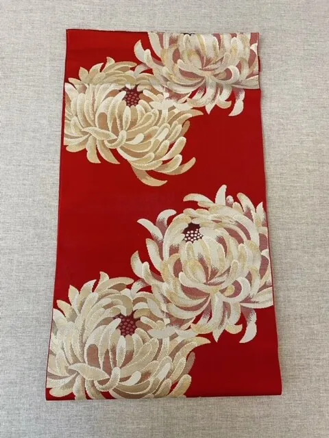[Red flower] Japanese vintage kimono obi table runner 2