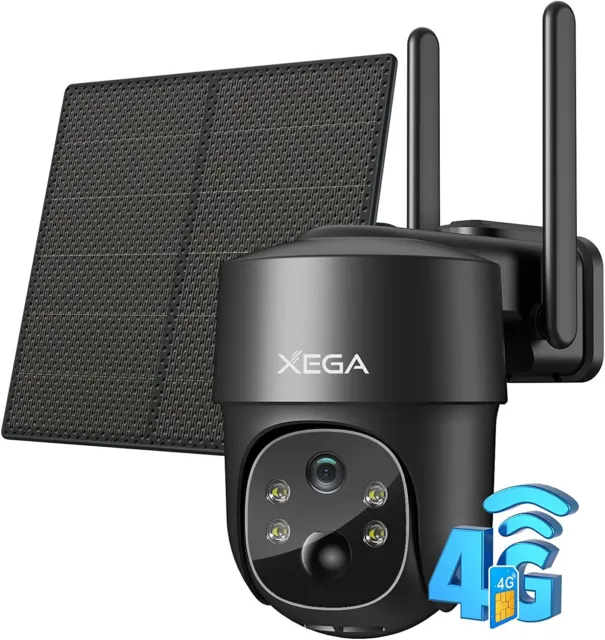 Xega 3G/4G LTE Caméra Surveillance Solaire avec Carte Sim, 2K HD 4G Caméra