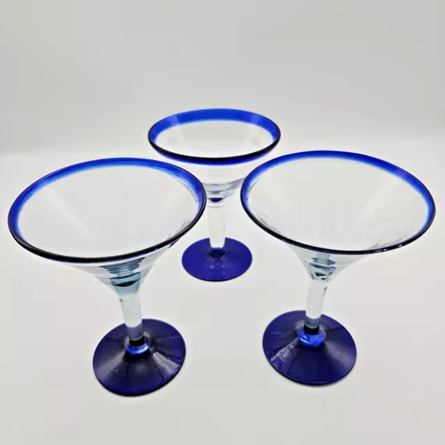 Mexican Hand Blown Cobalt Blue Rim & Base Margarita Glasses x Set of 3