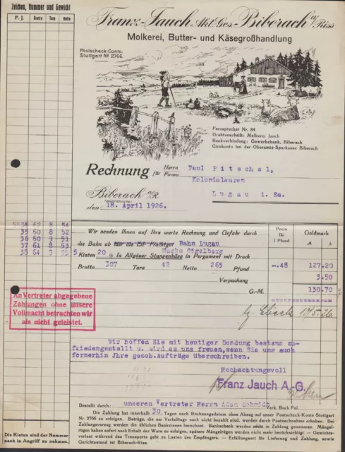 BIBERACH a. RISS, Rechnung 1926, Molkerei, Butter-Großhandel Franz Jauch A.-G.