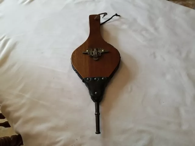 Vintage Fireplace Bellows with Eagle Air Pump Blower  Wood Leather Brass